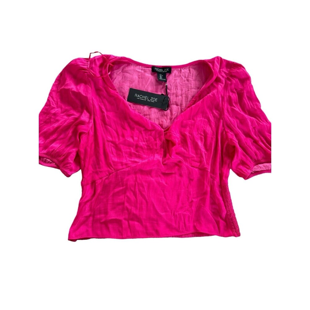Rachel Zoe Womens Satin Deep V Neck Crop Blouse Size L Fuchsia Pink Top NWT